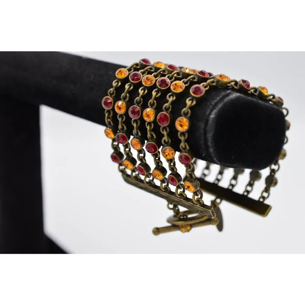 Tommassini Vintage Bracelet Red Orange Rhinestone Crystal Rustic Signed Bin5